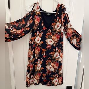 Lulu’s Navy Blue Floral Midi Long, Open Sleeves, Slipover Dress, Size Medium